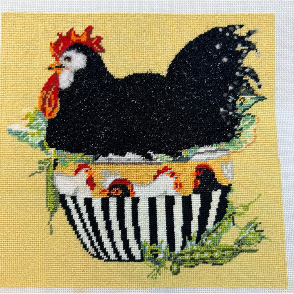 Mary Lake Thompson Needlepoint Canvas Black Hen Completed Yellow 2007 Vintage